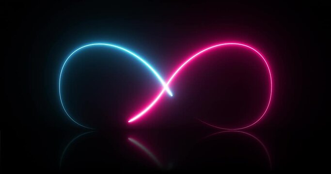 Neon style motion line icon of infinity. Abstract neon glow moving seamless loop footage. 