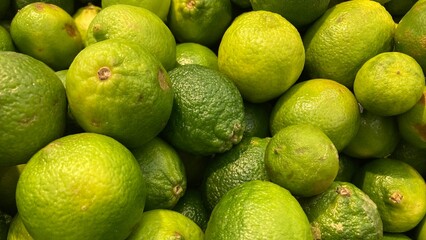 Pile of fresh green sour lemons close up