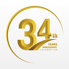 34th Anniversary Logo, Logo design for anniversary celebration with gold color isolated on white background, vector illustration