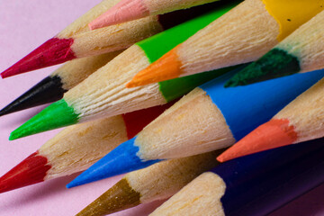 Set of diagonal colored pencils, macro photography
