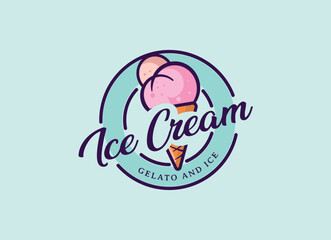 Logo Ice cream. Italian ice cream emblem. Ice cream in a waffle cone with letters in a circle.