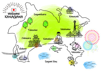 神奈川県の観光地のシンプル線画イラストマップ