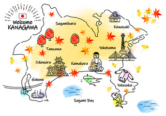 秋の神奈川県の観光地のシンプル線画イラストマップ