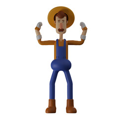 3D illustration. 3D Farmer Cartoon Character funny face showing his muscular arms. wearing cute costumes. has a thick mustache. 3D Cartoon Character