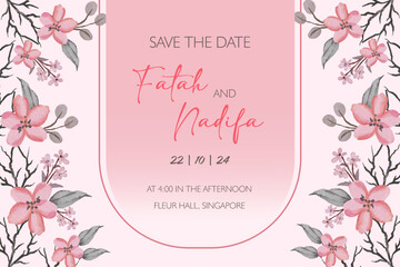 Fototapeta na wymiar A wedding invitation template with pink flower