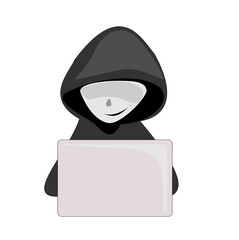 scammer cartoon character.Online crime concept . Swindler and a thief are working at the computer. Vector flat illustration isolated on transparent background