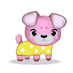 Drawing of a pink puppy wearing a yellow star shirt. on a white background.