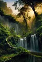 Fotobehang fantasy landscape forest illustration background digital art jungle artwork environment nature flora green trees scifi wildnerness concept © Styles and Curious
