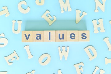 Values concept in business, company and organization. Word typography on wooden blocks flat lay.