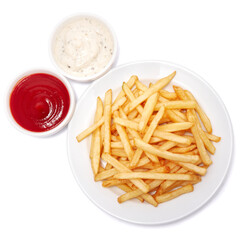 French fries potatoes on white ceramic plate isolated on white background