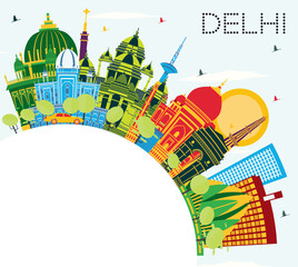 Delhi India City Skyline with Color Buildings, Blue Sky and Copy Space.