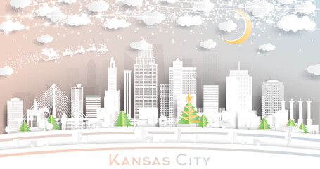 Kansas City Missouri Skyline in Paper Cut Style with Snowflakes, Moon and Neon Garland. - obrazy, fototapety, plakaty
