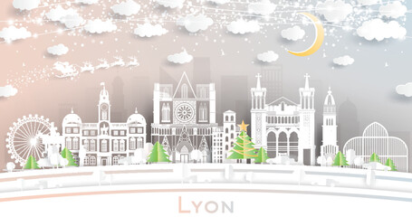 Lyon France City Skyline in Paper Cut Style with Snowflakes, Moon and Neon Garland.