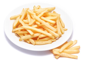 French fries potatoes on white ceramic plate isolated on white background