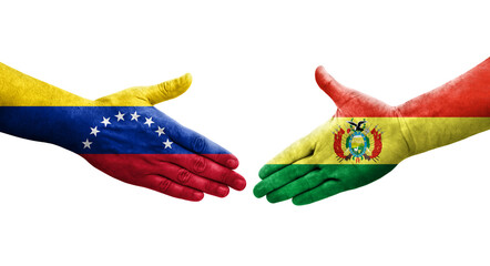 Handshake between Bolivia and Venezuela flags painted on hands, isolated transparent image.