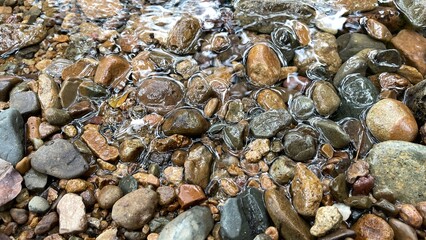 Light brown rock texture. Rough mountain surface. Close-up. Beige stone background with space for design. Web banner. Wide. Panoramic. Sandstone. Solid, rocky, slate.