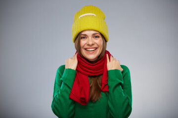 45 Smiling woman in warm winter clothes. Isolated female portrait