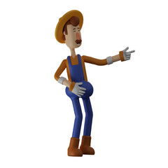 3D illustration. The 3D Farmer characters get a lot of laughs. in a strange pose. has a thick mustache. 3D Cartoon Character