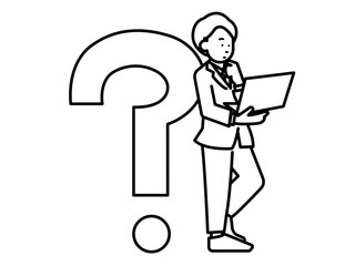 クエスチョンマークとノートパソコンを持つビジネスマンのイラスト素材　線画のみ