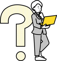 クエスチョンマークとノートパソコンを持つビジネスマンのイラスト素材