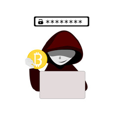 scammer cartoon character.Online crime concept . Swindler and a thief are working at the computer. flat illustration isolated on transparent background.Bitcoin, crypto theft .