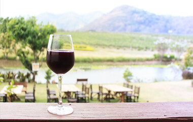 in the marning glass of red wine at the restaurant in the vineyard.