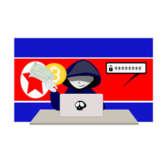  scammer cartoon character.Online crime concept . Swindler and a thief are working at the computer. flat illustration isolated on transparent background.Bitcoin, crypto theft .