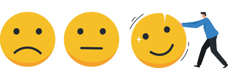 Positive thinking, or an optimistic attitude. Balance between happiness and emotional intelligence. Young man increased emotional intelligence.