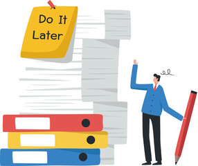 Overload, procrastinate, do it later, lazy to postpone all work. Overcome Laziness and Procrastination. Businessman, office worker watching long list later.