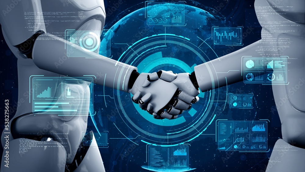 Poster 3d rendering hominoid robot handshake to collaborate future technology development by ai thinking br