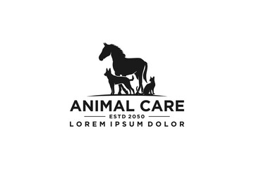 Veterinarian logo design with silhouette animal horse dog cat icon symbol silhouette animal care