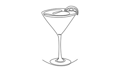 Continuous line of wineglass cocktail and lemon