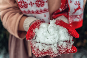 New Year's photos of a beautiful girl in the forest with a decorated Christmas tree, filled with...