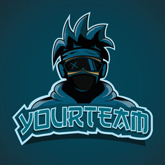 Gamer mascot logo design vector. Gamer illustration for sport team. Men in blued hood sweater vector illustration. 
