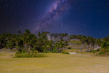 Great platform, Mayan Ruins in Tulum, Riviera Maya, Yucatan, Caribbean Sea Mexico with Milky Way Galaxy stars night sky