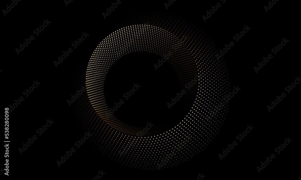 Poster abstract circles dot line pattern round frame gold gradient light isolated on black background. vect