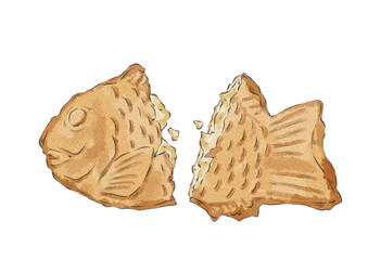 半分に割ったカスタード入りのたい焼きのイラスト（水彩風）