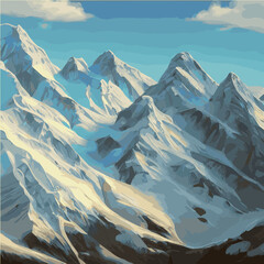 Winter mountain landscape with snow against blue sky, winter holidays, forest landscape and solitary mountain. Minimalistic vector illustration. mountain peak, Snowy mountains peaks