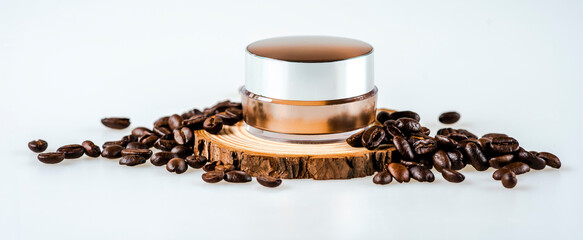 A jar of coffee-based products on a white background.