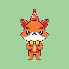 cute birthday fox cartoon mascot doodle art hand drawn concept vector kawaii icon illustration