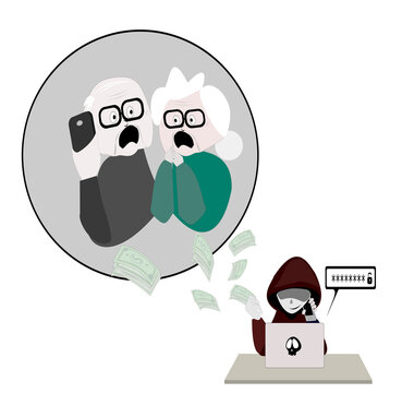 Scammer Cartoon Character.Online Crime Concept . Swindler And A Thief Are Working At The Computer.flat Illustration On Transparent Background. Voice Phishing.fake Call Center.