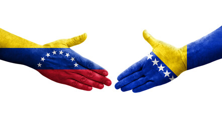 Handshake between Bosnia and Venezuela flags painted on hands, isolated transparent image.