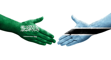 Handshake between Botswana and Saudi Arabia flags painted on hands, isolated transparent image.