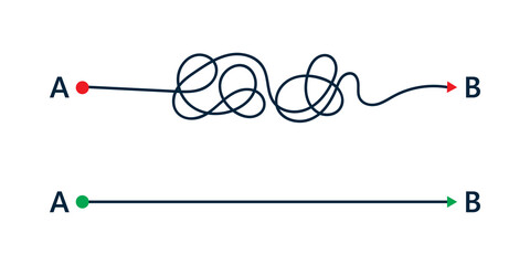 Overcoming obstacles. Complex and easy simple way from point A to B. Problem solving and business solution searching challenge concept. Hand drawn doodle chaos path lines.
