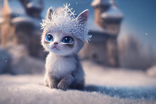 Cut ice queen cat cartoon animation character in snow field 3D illustration  spectacular magic fantasy Stock Illustration | Adobe Stock
