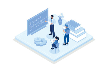 Back to school , Students studying lessons, isometric vector modern illustration