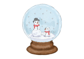 雪だるまの球体スノードームのイラスト（水彩風）