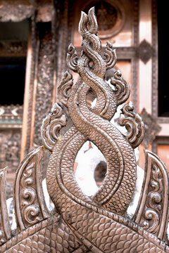 Thai style silver carving art on temple wall , Wat Srisuphan ,Chiang Mai, Thailand