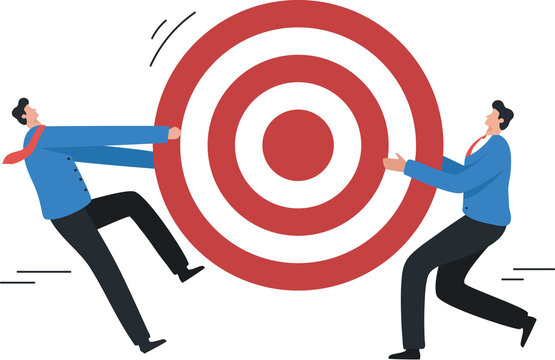 Competitive Strategies For Business Target. Compete For Customers. Scramble For Market Share. Two Businessmen Fighting For A Dartboard Goal, Target.