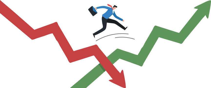 Economic volatility. Recovering from the stock market crisis. adapt, deal with the stock market downturn or Bear Market. businessman jumping from red to rising up arrow.